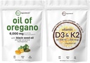 Micro Ingredients Oil of Oregano Softgels 6000mg Per Serving & Vitamiin D3 10 000iu + K2 200mcg Coconut Oil Softgels Bundle 2 Pack 4X Strength Carvacrol & Thymoquinon
