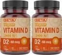 DEVA-vegan D2-vitamiini 60 mikrog 2400 IU, ergokalsiferolilisä, jossa ei ole eläinperäisiä ainesosia, 90 tablettia (pakkaus 2)