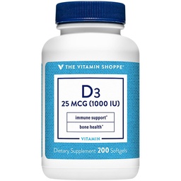 Vitamiini Shoppe-vitamiini D3 1000 IU Softgel, tukee luun ja immuunin terveyttä, Aids solujen kasvua ja kalsiumin imeytymistä, Gluteeniton ja kerran päivässä Formula (200 Softgels)