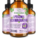 Liposomal Ashwagandha Liquid Drops 2000mg, Ashwagandha juuriuute Supplement (7% Withanolides) Black Pepper Extract & Probiootit Focus, Cognition & Energy - 2 FL.OZ (1 pullo)
