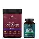 Ancient Nutrition Multi Collagen Advanced Powder Cleanse & Detox, Unmauled, 36 Servings + Organic Super Greens tabletti 90