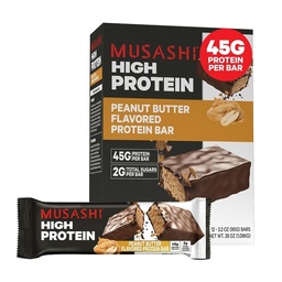MUSASHI High Protein Bar, 45g Protein, 2g Total Sugars, Peanut Butter & Milk Chocolate Coated, Post Workout och Protein Snack On The Go, 12 Pack av 3.2oz (90g) Bars