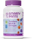 SmartyPants Toddler Multivitamiini Gummies: Omega 3 Fish Oil (EPA/DHA), D3-vitamiini, C-vitamiini, B12, B6, A-vitamiini, K-sinkki, Biotiini, Betakaroteeni, Gluteeniton, Kolme hedelmän makua, 90