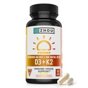 Zhou D3+K2 - D3-vitamiinin K2-lisä naisille ja miehille, immuunitukea Vit D3 ja K2 lisäravinteet, puhdasta kasvisruokaa Formula 5000 IU D3 ja MK-7 - 60 kasviskapselit (pakkaus 1)