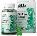 Wild & Organic Gingko Biloba 120mg Gummies - Brain Support and Focus Supplement w/Ginkgo Biloba Extract - Vegaani, ei-GMO - 60 Pektiiniä kasviperäisiä purukumia