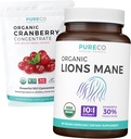 Karpalojauhe & Lions Mane (1-kuukautinen toimitus) Mindful Cranberry Boundle of Organic Cranberry Concentrate Powder 50:1 uute (100 Scoops) & Lions Mane Mushroom 10:1 uute (60 Caps)