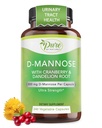 Pure by Nature 600 mg D- Mannose Vegan -kapselit, joissa on karpalo- ja voikukkauute, virtsateiden terveystuki, flush epäpuhtaudet, detox-keho, 240