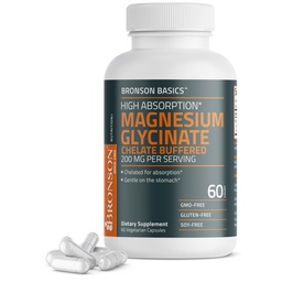 Bronson Magnesium Glycinate 200mg High Absorption Chelated Buffered Gentle på magen Non-GMO, 60 vegetariska kapslar
