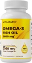 Vitamatic Triple Strength Omega 3 Fish Oil 3600mg per Serving, 2160mg Omega 3 Rasvahapot, 1296mg EPA + 864mg DHA, Burpless Lemon Flavor, 180 Softgels