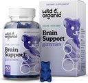 Wild & Organic Brain Support Gummies - Focus Supplement w/Ashwagandha Root, B12-vitamiini, Ginkgo Biloba, Bacopa - Vegan Chews for Clarity & Tuottavuus - 60 Brain Gummies