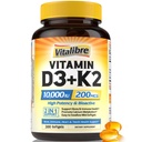 D3- vitamiinin K2- täydennysosa, 10000 IU D3 / 200 mikrog K2 MK7, kalsiumin imeytyminen, luu, sydän, immuuni- ja mielialatuki, tehostettu imeytyminen, ei soijaa, helppo niellä, 300 softgelia