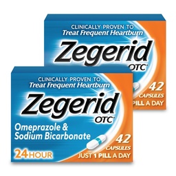 Zegerid OTC, 24 tunnin närästyksen lievittäminen, Acid Reflux Medicine ja Antasidit, Treatments Frequent Heartburn, Omeprazole 20 mg + natriumbikarbonaatti, Protonipumpun estäjä (PPI), kaksi 42ct-pakkausta