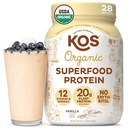 KOS Vegan Protein Powder Erytritol Free, Vanilla USDA Organic - Pea Protein Blend, Plant Based Superfood Rich vitamiineja ja Minerals - Keto, Dairy Free - Aterian korvaaminen naisille ja miehille, 28 Tarjoilut