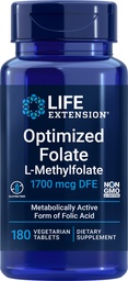Life Extension Optimoitu Folaatti (L-Metyylifolaatti) 1700 mikrog DFE, 180 Veg tablettia