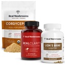 Real Mushrooms RealClarity (60ct) & Lions Mane (120ct) Kapselit w/Cordyceps Powder Bundle - Sieni täydentää mielen selvyyden, keskittyä, kognitio, energia & elinvoima - Vegan, ei-GMO