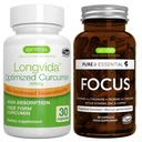 Longvida Rasvattu Curcumin 500mg + Focus Brain Booster Vegan Bundle, Ultra Biosable Curcumin + Kofeiini, L-Theanine, Tauriini & L-tyrosiini, B-vitamiinit, Sinkki & Kupari, Igennus