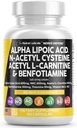 Alpha Lipoic Acid 600mg N- Acetyl Cysteine 600mg Acetyl L-Carnitine 500mg Benfotiamiini 300mg - Nerve Support Supplement for Women and Men with Vitamiini B1 B6 & B12 - Made in USA 90 Caps