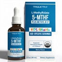 Organic Kids Methylfolate + Metyyli B12 Cofactor - Organic Berry Flavor, Sublingual Form - 5-MTHF Form, Superior Form of Folate - Säädettävä Annostus kaikenikäisille - Mieliala, käyttäytyminen, kognitio - 1 oz.