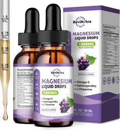 2 Pakkaus Magnesiumnestetippa, rauhallinen magnesiumglusinaattinestetippa, jossa on taurate & sitruuna, kalium, Omega3, L-Theanine, Ashwagandha, D3, B6, B12 uneen, lihakseen, sydämeen, sokerittomaan viinirypälemasuun