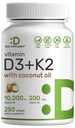 Deal Adjuste D3-vitamiini 10 000 IU + K2 MK7 200 mikrog Softgels, 250 kreivi ... 2- in-1 kompleksi, jossa on neitsytoosiöljyä.