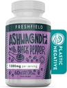 Freshfield Ashwagandha Black Pepper. Vegaani ystävällinen täydentää lisämunuaisten väsymys tukea, lihasmuistia, kilpirauhasen ja vahvuus. Kaikki luonnolliset 1300mg kapselit