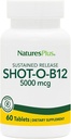 Natures Plus Shot-O-B12 (Metyylicobalamiini), Pitkäkestoinen julkaisu - 5000 mikrog, 60 kasvistablettia - korkea teho, nopeatoiminen B12-lisäosa - Muisti ja energia Booster - Gluteeniton - 60 tarjoilu