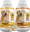 Amazing Combo Omega-3 Fish Oil ja Turmeeric Curcumin koirille - puhdas Kaikki luonnolliset lemmikki antioksidantti - edistää kiiltävä takki, aivojen terveys, Eliminates Joint Pain, 120 Tasty Chews x 2