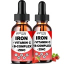 2 pack Liquid Iron Supplement w/ Vitamiine, A, B- Complex, Vegan Iron Drops High Potency Liquid Vitamiine & Iron Supplements for Women, Miehet & Children -Tuki punainen verisolu, energia, anemia & väsymys