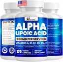 Alpha Lipoic Acid 600 mg, ALA-lisä energiatehostamiseen, immuunitukeen, terveeseen toimintaan ja tehostettuun imeytymiseen, R-Alfa Lipoic Acid with Essential Vitamiins, 120 kapselia