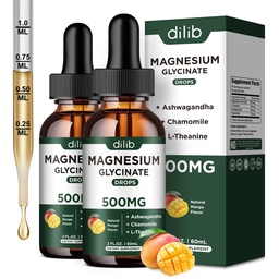 Magnesium Glycinate Liquid Drops Supplement, kanssa Magnesium Glycinate 500 mg Ashwagandha, L - Theanine, kamomilla - Tuki Stressi Relief, Bone, Lihas, Mood Mango Flavor 2Pack