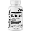 Youth & Tonic Active Charcoal Pills for Bloating and Gas Relief to Soothe The Smaach and digestive System Detox with Peppermint & Organic Coconut Oil, for Men & Women - 60 Liquid Capsules
