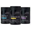 Urheilu Tutkimus Triple Strength Omega 3 Burpless Fish Oil 1250mg Wild Alaska Pollock, D3-vitamiini 5000 IU Coconut MCT Oil (125mcg) ja Vegan Biotin 5000 mcg B7--30 Softgels