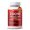 COQ10 + Red Yeast Rice Supplement - 10-in-1 Natural Blend kanssa Omega 3 B3, K2, D3, Sinkki Milk Thistle Black Pepper - 150 Count - Made & Tested Yhdysvalloissa