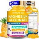 60 Day Supply Magnesium Glycinate 400 mg Gummies with Ashwagandha, L-Theanine, CoQ10, D3-vitamiini ja B6-sokeriton Magnesium Gummies for Adults & Kids, Stress Relief, Uni & Rauhallinen, Vegan, Gluteeniton