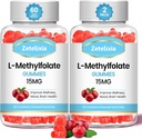2 pakkaus L-Metyylifolaatti 15 mg & Metyyli B12 Gummia, Folaatti- täydennysosa aivojen terveys, mieliala & immuniteetti, DNA-synteesi & korjaus, sokeriton, vegaaninen, karpalomaku, 120 kreivi