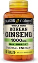 MASON NATURAL Korean Ginseng 1000 mg, tukee energiaa, kestävyyttä ja elinvoimaa, 60 tablettia