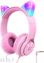 iClever Kids kuulokkeet Cat korva Led Light Up, turvallinen äänenvoimakkuuden raja, FunShare, Foldable, Over-Ear kuulokkeet lapsille koululle / iPad/Tablet/Matkailu, Meow Donut-Pink