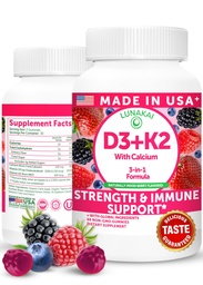 Lunakai USA Made D3-vitamiini K2 Gummies kalsium 3-in-1 Daily Vegan täydentää Bone & Immuuni tuki naisille, miehet & lapset, 60ct