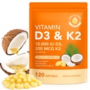 D3-vitamiinia K2, D3 K2-vitamiinia 10000 iu täydentää Cococonut Oil Softgels, 2 in 1 Formula 200 mikrog (MK-7) Complex Softgels tukee kalsiumin imeytymistä, immuuni, Bone Health D3 K2-vitamiini - 120 Softgels