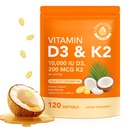 D3-vitamiinia K2 10000 IU, jossa 200 mg, D3-vitamiinia ja K2-kapselia, 2 1:tä D-vitamiinia ja 1:tä D-K-kompleksia, joissa on Virgin Coconut Oil, 120 Softgelia, helppo niellä ja ei-muuntogeenisiä organismeja