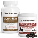 Real Sienet Leijona (120ct) & Sienilemmikki Relax Chews (60 purukumia) - Bundle Cognition & Relaxation - Vegan, ei-GMO, Gluteenittomat, Grain-free sieniuute lisäravinteet