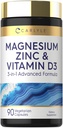 Carlyle Magnesiumsinkki ja D3-vitamiini 90 kapselia ... 3-in-1 Advanced Formula ... Kasvissyöjä, ei-GMO:t ja gluteeniton