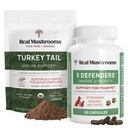 Real Mushrooms Turkey Tail Powder for Humans (45 Servings) & Turkey Tail for Lemmikkieläimet (90ct) - Powder & Capsules Bundle for Immune Support - Vegaani, ei-GMO, Grain-free, Gluteenittomat