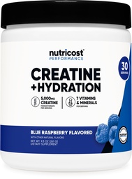 Nutricost Kreatiini Monohydraatti + nesteytys Sininen vadelma maustettu (30 tarjoilua) - 7 vitamiinit & mineraalit, 5000 mg Creatiini per tarjoilu