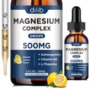 Magnesium Glycinate Liquid Drops, Triple Magnesium Complex Supplement Citrate, Malate 500 mg Ashwagandha, L-Theaniini, B6-vitamiini uni, rauhallinen, stressiä lievittävä, luu, lihas, mieliala - sitruuna Flavor