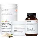 Momentous Three - Creatiini Monohydraatti Powder (30 tarjoilua), Grass-Fed Whey Protein Powder (Vanilla) & Omega-3 Fish Oil 1600mg - Daily Essentials for Strength, Performance & Lean Muscle Recovery