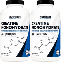 Nutricost Micronized Creatine Monohydraatti 3 000 mg 500 kapselia, 125 tarjoilua, 750 mg Creatine Monohydraatti per kapseli (pakkaus 2)