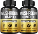 Satomi 10in1 Mushroom Complex Lisäravinteet Kapselit - 4 kuukauden toimitus - Yhteen leijonat Mane, Cordyceps, Reishi, Chaga, Maitake, Shitake & muut - 2 pakkaus 60 kapselia