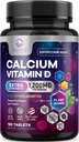 Kalsium 1200 mg D3-vitamiinilla, kalsiumlisällä, luulla, hampaiden ja immuuniterveyden tuella, kalsiumlisät D-vitamiinilla naisille ja miehille, luonnon imeytyvä kalsiumkarbonaatti - 180 tablettia