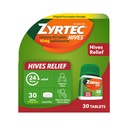 Zyrtec 24 hour hives Relief -tabletit, 10 mg setiritsiini HCl -tabletit, joiden avulla voidaan vähentää nokkosrokkoa ja vähentää kutinaa pesäkkeiden, kutinaa lievittävien antihistamiinitablettien ja urtikarian hoitoon, 30 ist